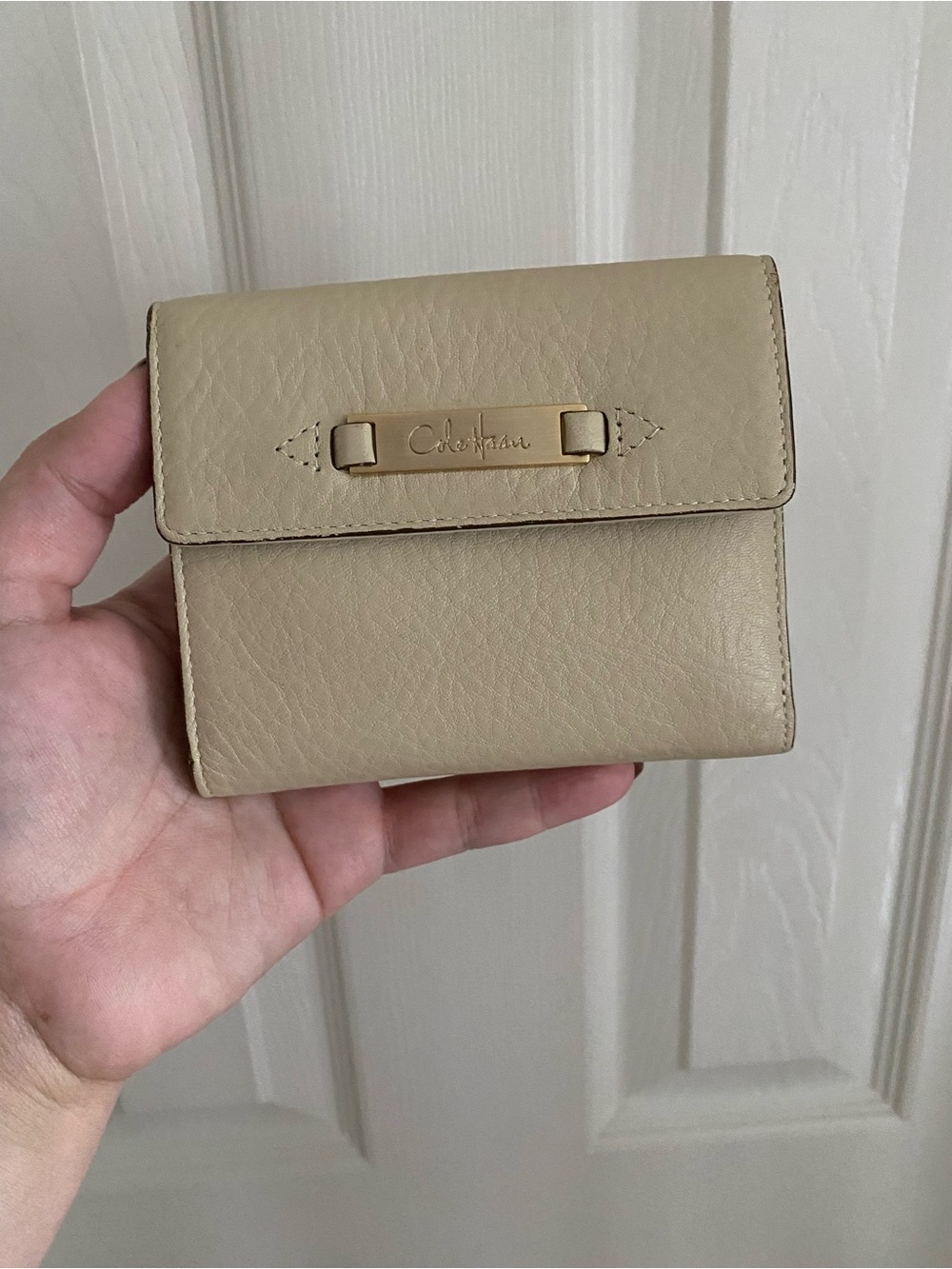 Cole Haan French Purse in Sandstone Beige Pebbled Leather Compact Wallet
